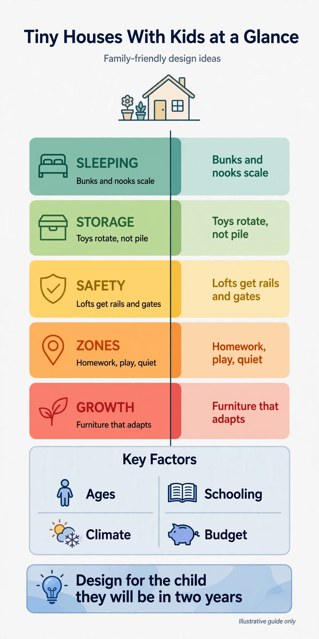 tiny house with kids design infographic summarising twenty family-friendly ideas for small homes
