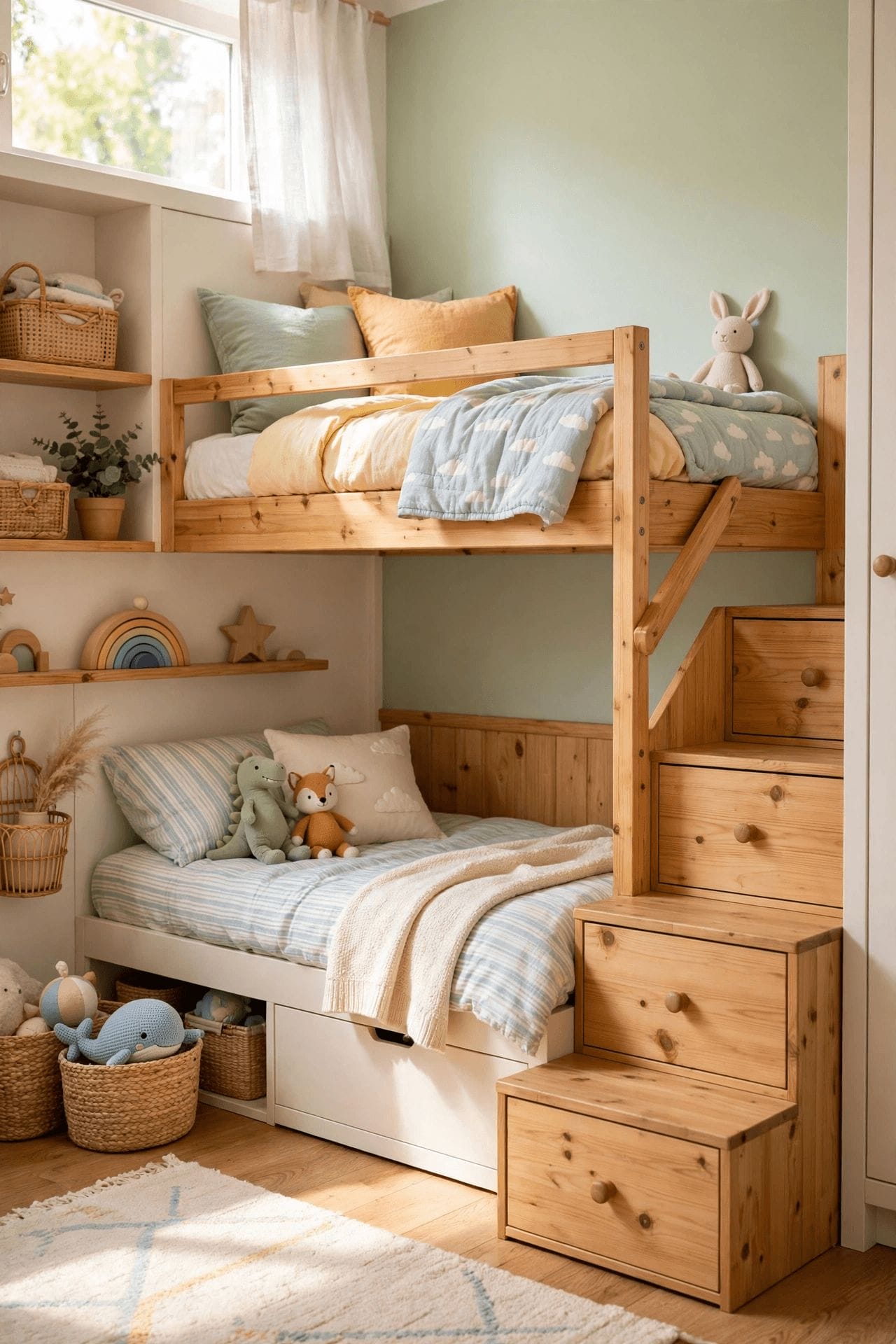 tiny house with kids design pin showing bunk beds and a toy rotation storage corner