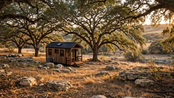 tiny house for sale in Texas hill country under live oak trees with limestone and warm light