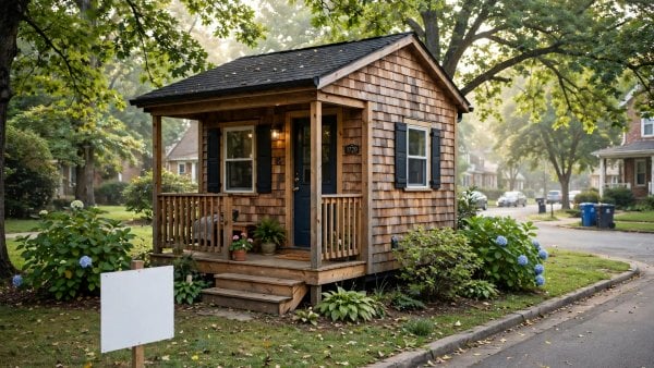 tiny house for sale on a leafy Nashville street with a small porch and a blank for-sale sign
