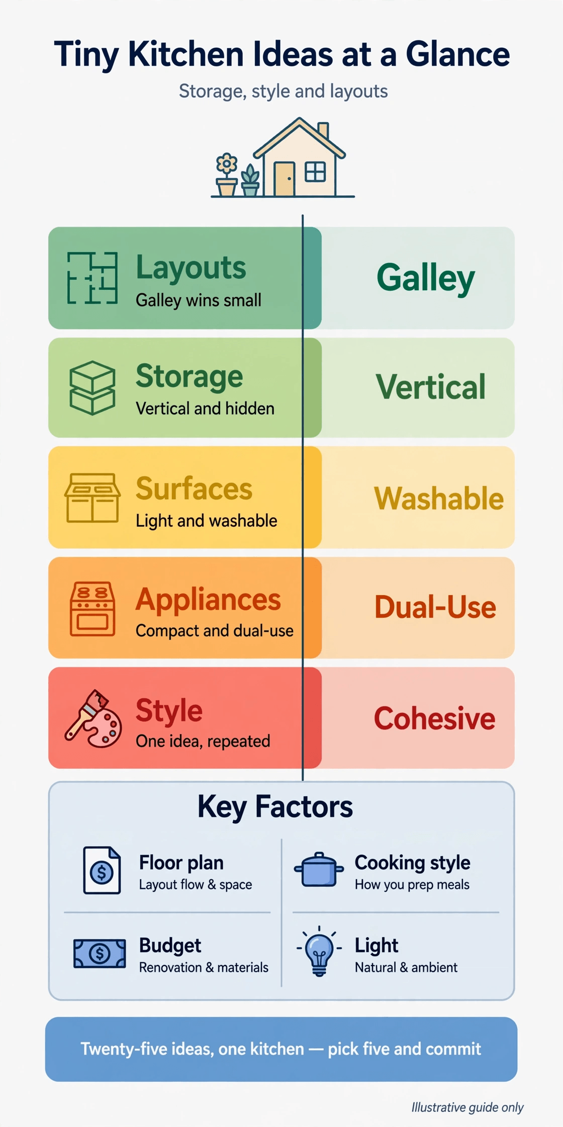 tiny kitchen ideas infographic with layout, storage, surface and appliance ideas to copy