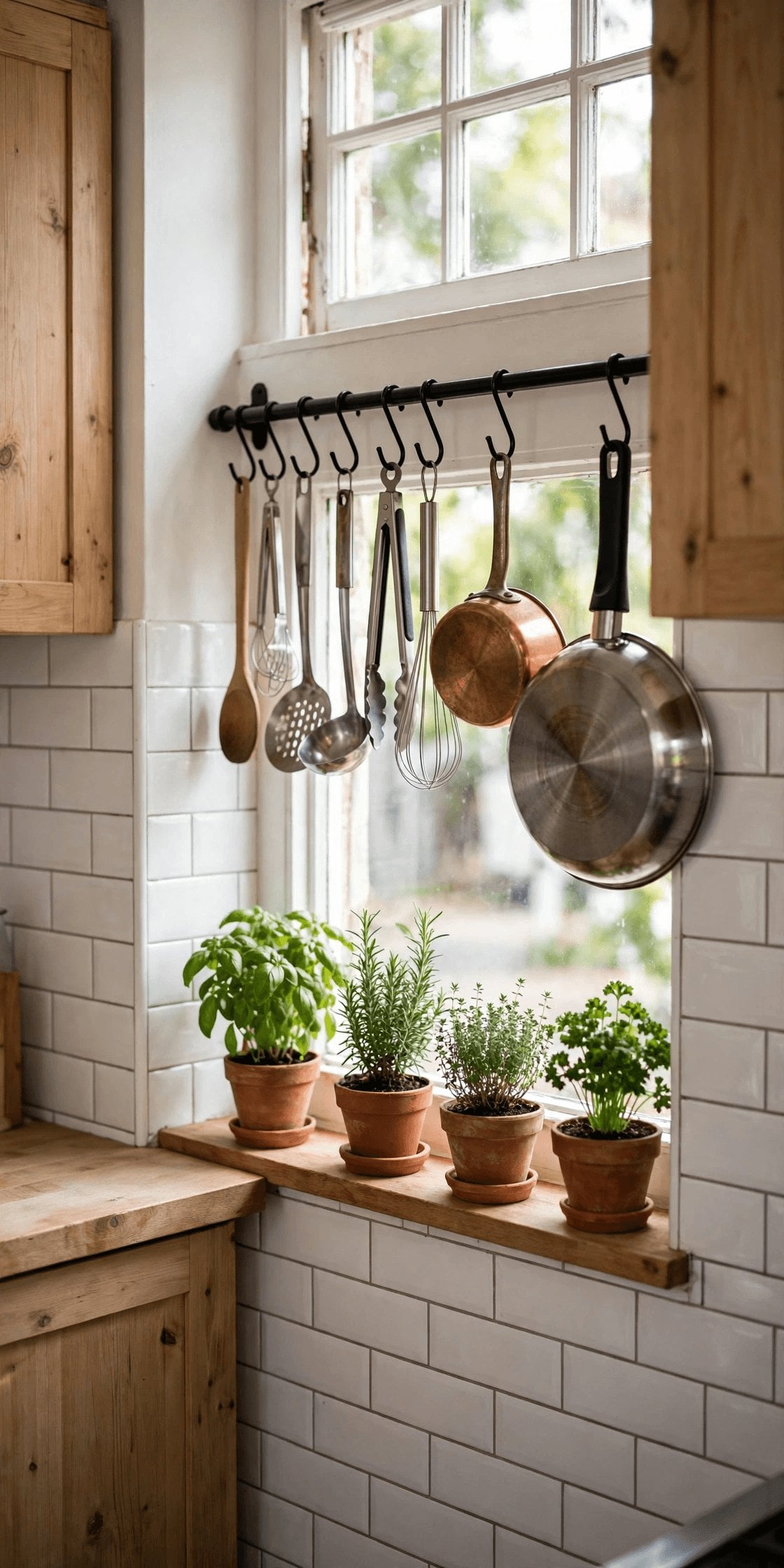 tiny kitchen ideas pin showing vertical storage, hidden storage and light washable surfaces