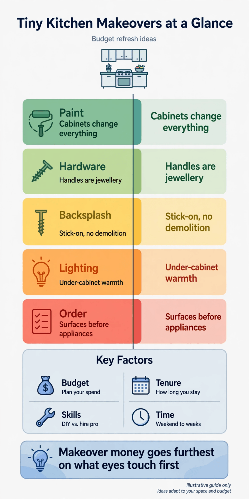 tiny kitchen makeover budget infographic summarising low-cost kitchen refresh ideas in order