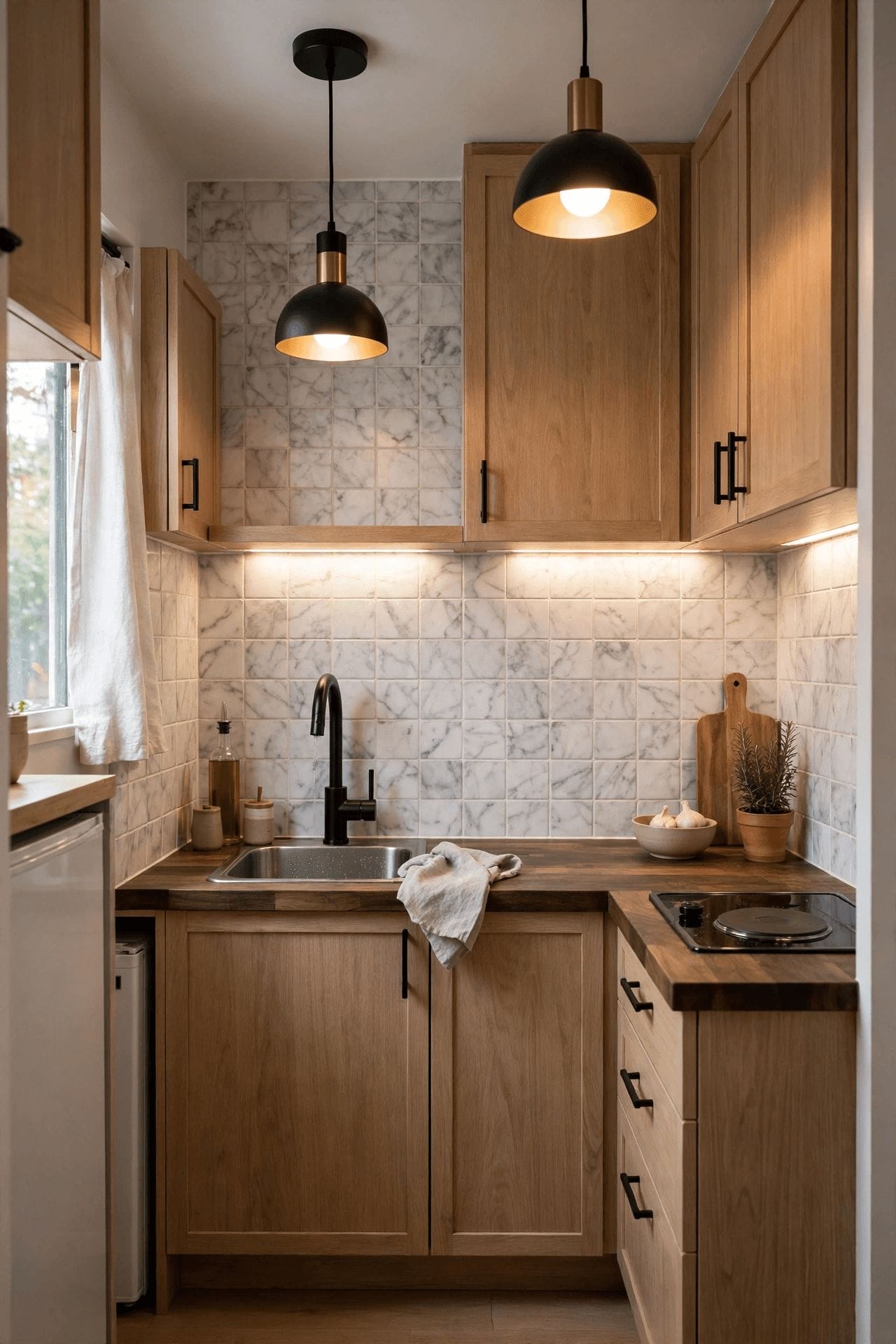 tiny kitchen makeover budget second pin showing stick-on backsplash and under-cabinet lighting