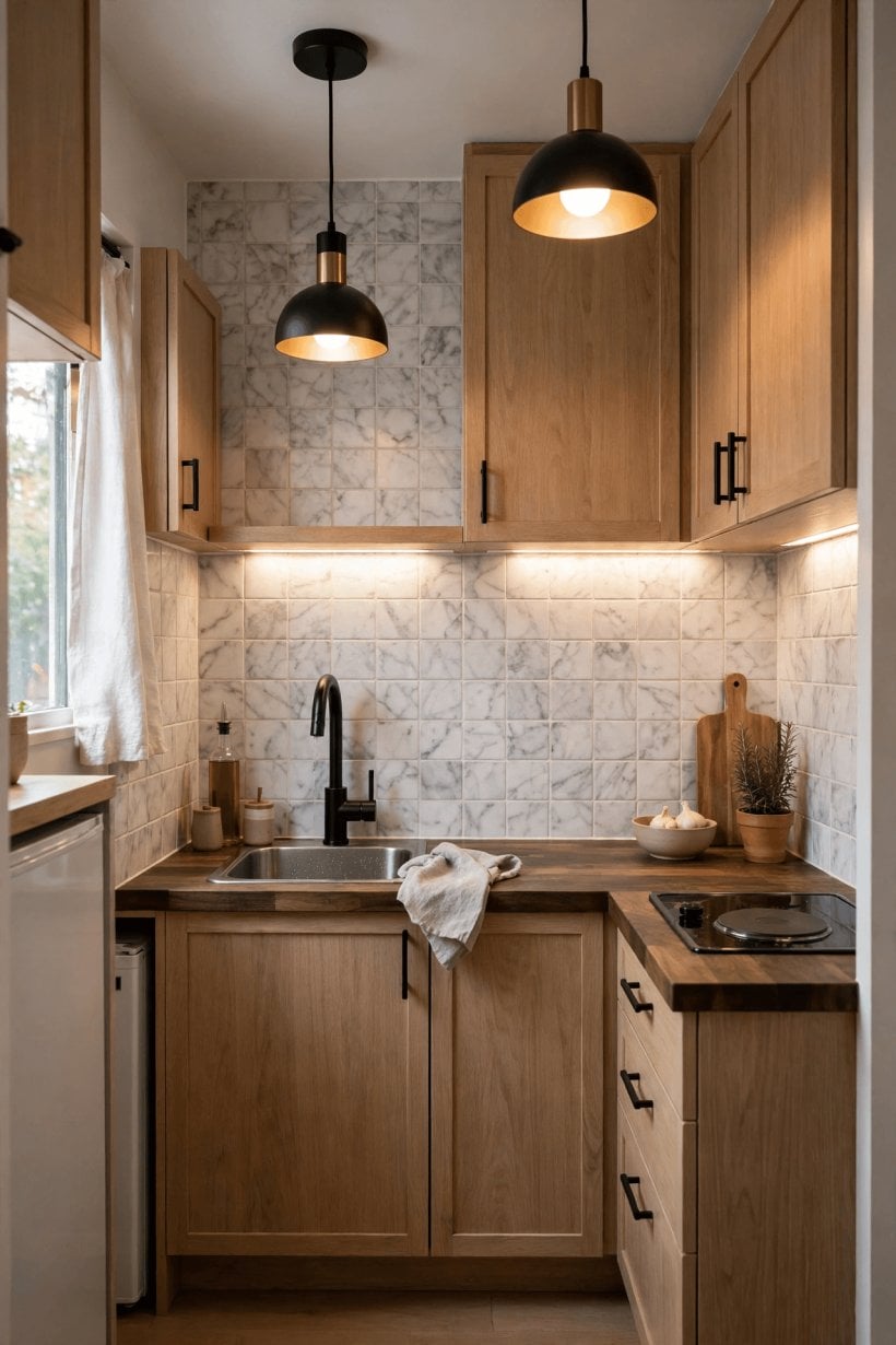 tiny kitchen makeover budget second pin showing stick-on backsplash and under-cabinet lighting