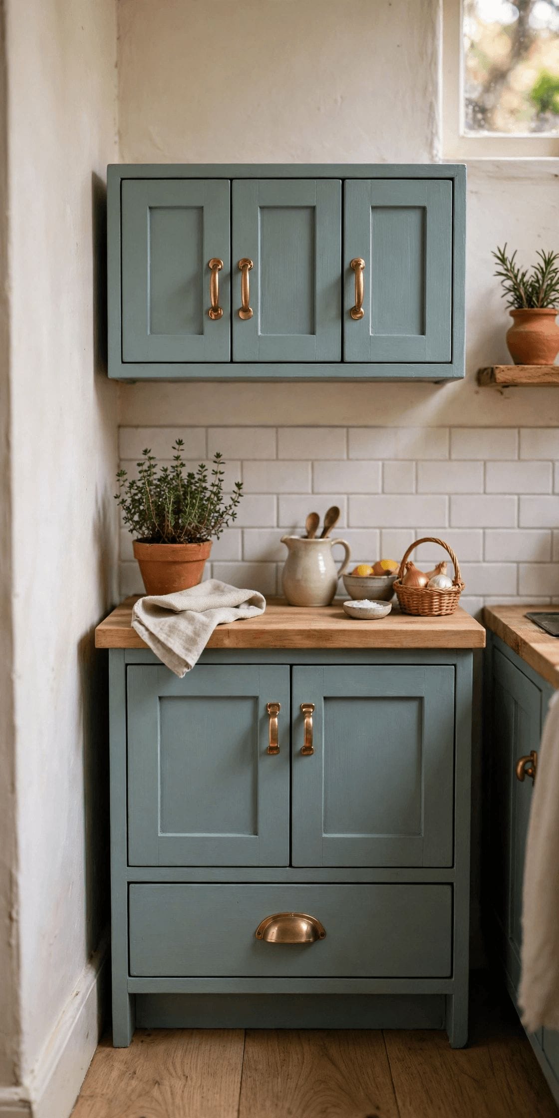 tiny kitchen makeover budget pin showing cabinet paint and hardware swaps in a small kitchen