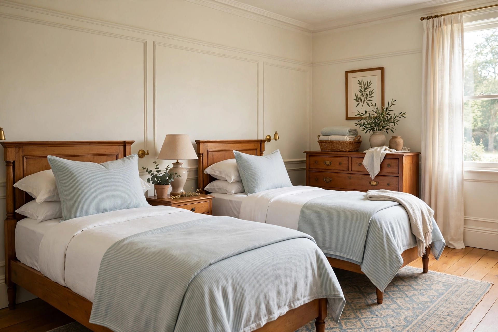 traditional bedroom: centred bed with matching bedside tables and lamps