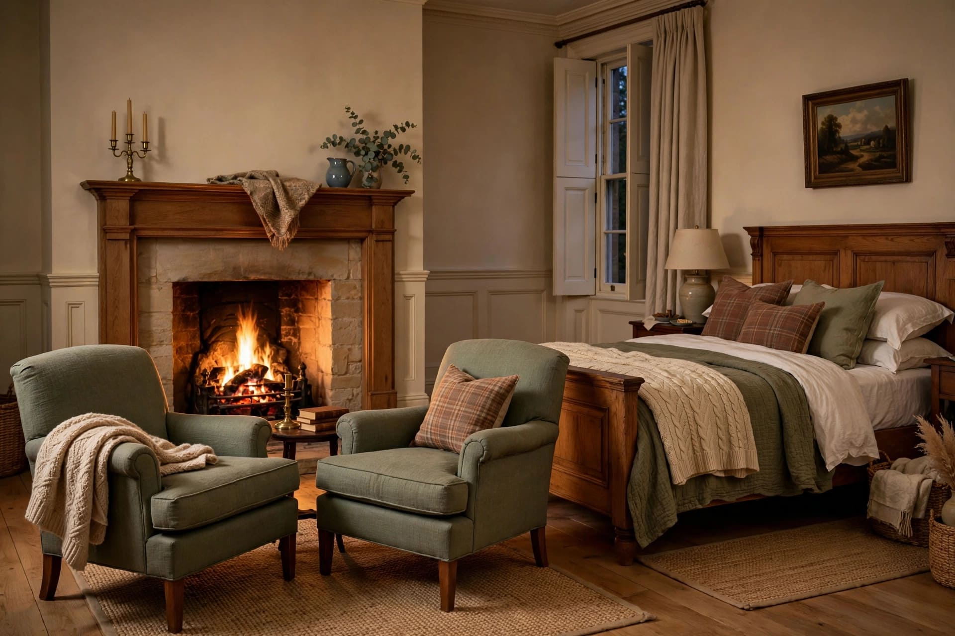 traditional bedroom: soft blue and cream colour scheme with layered bedding