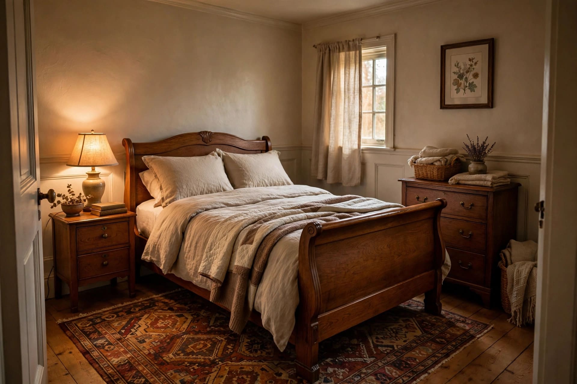 traditional bedroom: layered bedding with quilt, throw and cushions