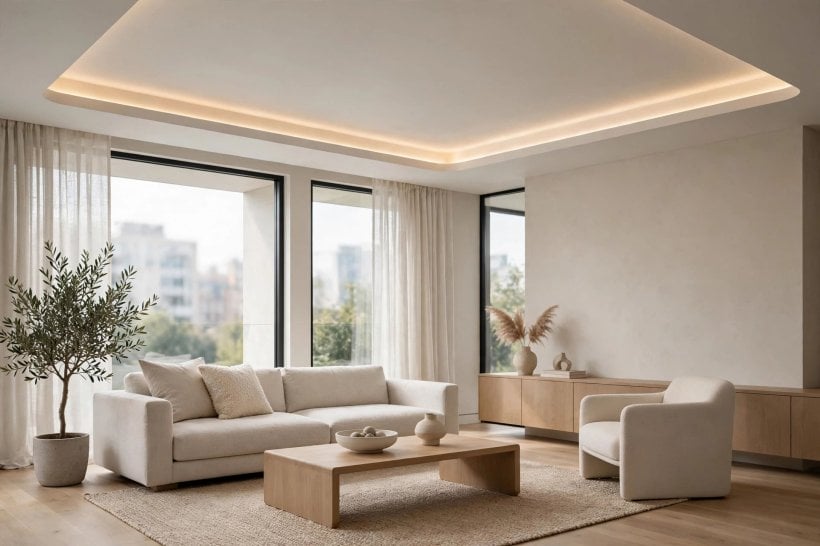 tray ceiling: living room design with layered lighting example