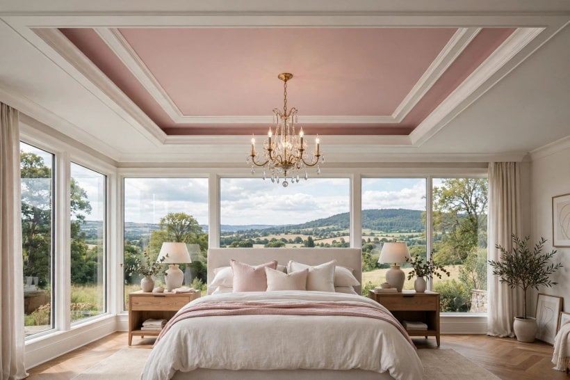 tray ceiling: soft metallic finish catching warm evening light