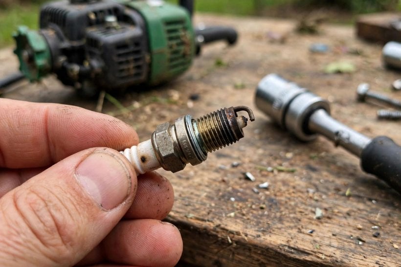 ryobi s430 problems: inspecting a spark plug tip for soot and wear
