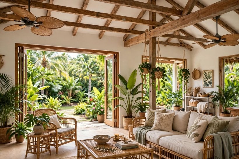 tropical home: an open living space arranged around a green courtyard
