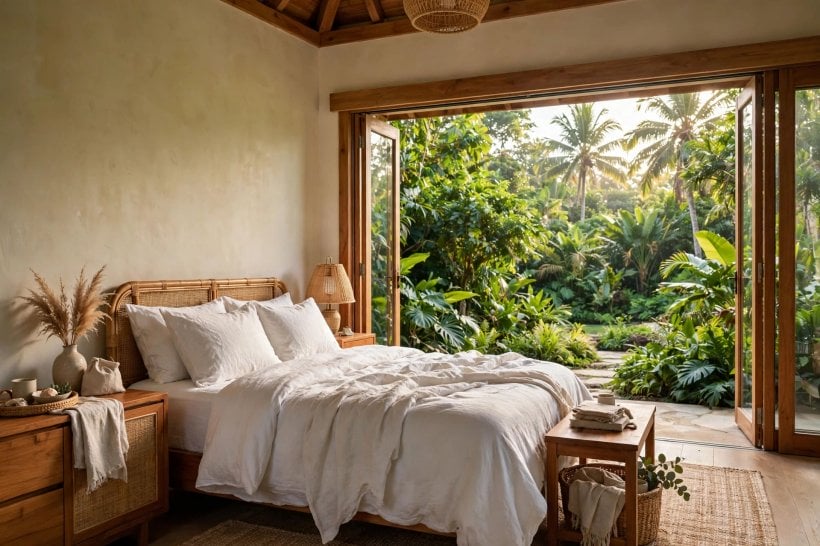 tropical home: a calm pale bedroom with green accents
