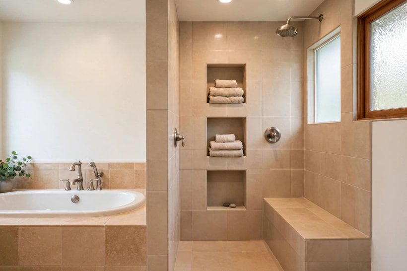 tub shower combo: deep soaking tub with rainfall shower head and recessed storage niche