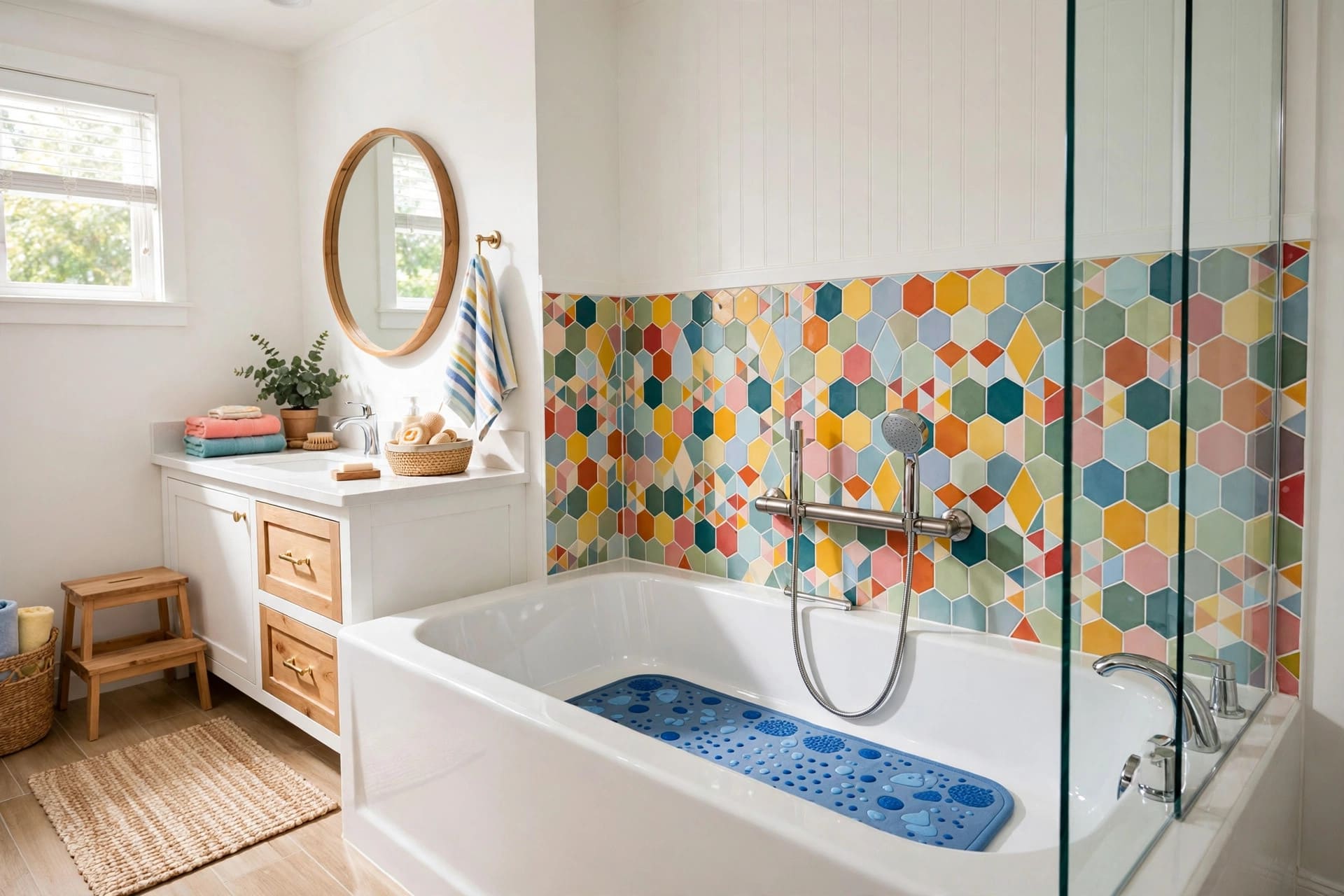 tub shower combo: large-format wall tiles with contrasting grout lines