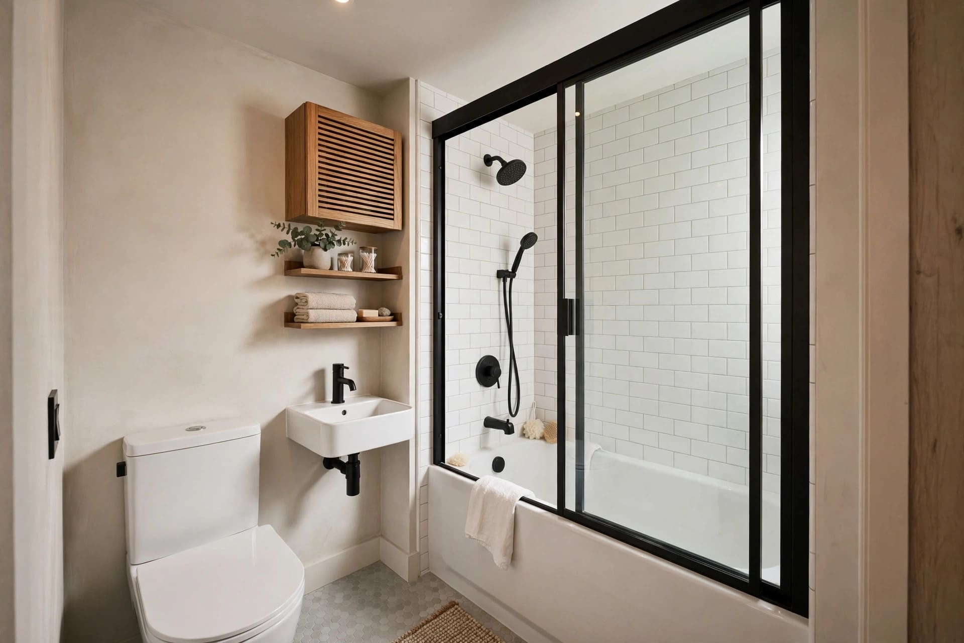 tub shower combo: vanity beside the tub with mirror and towel storage
