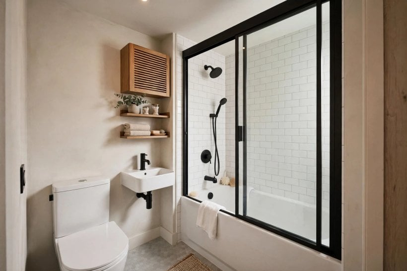 tub shower combo: vanity beside the tub with mirror and towel storage