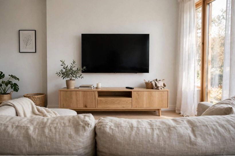 ideal height for tv: sofa facing a wall-mounted TV at comfortable seated eye level