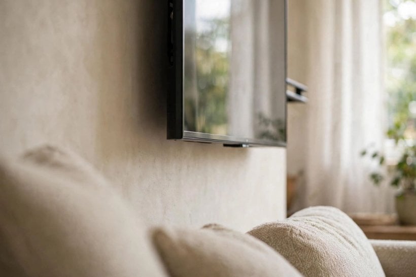 ideal height for tv: TV mounted for viewing from a bed with pillows propped up