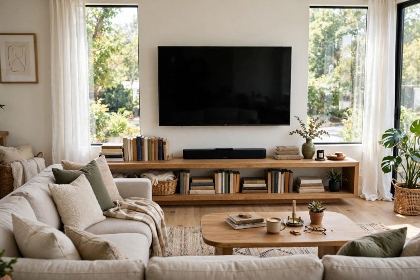 ideal height for tv: TV mounted above a fireplace with a tilting bracket