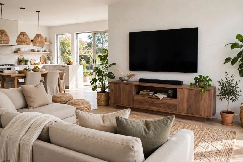 ideal height for tv: painter's tape outline marking a TV position on a living room wall