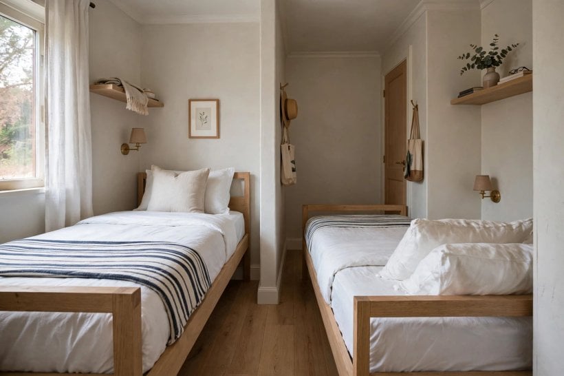 twin bed guest room ideas: matching twin beds side by side with a shared nightstand and lamps