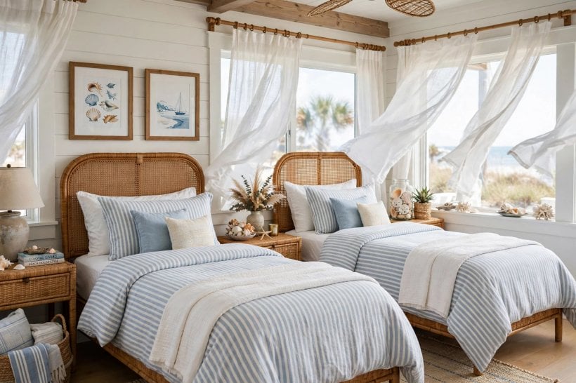twin bed guest room ideas: calm blue and white scheme with matching bedding on both beds