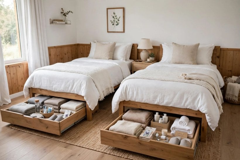 twin bed guest room ideas: upholstered matching headboards with layered quilts and cushions