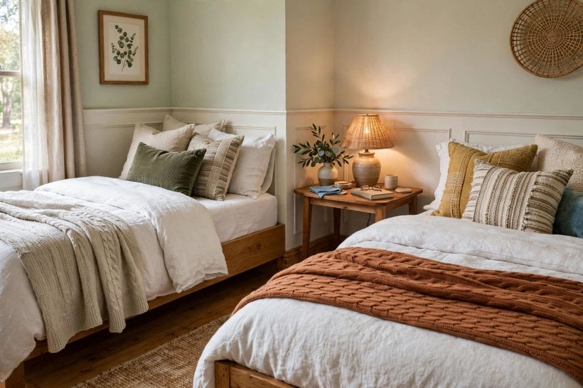 twin bed guest room ideas: welcoming finishing touches with a tray, books and fresh towels