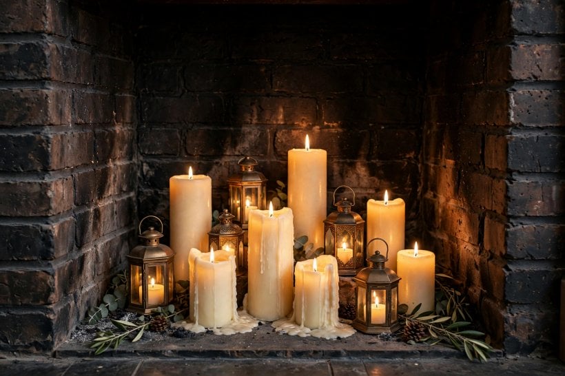 how to decorate inside of fireplace: neatly stacked logs filling the firebox