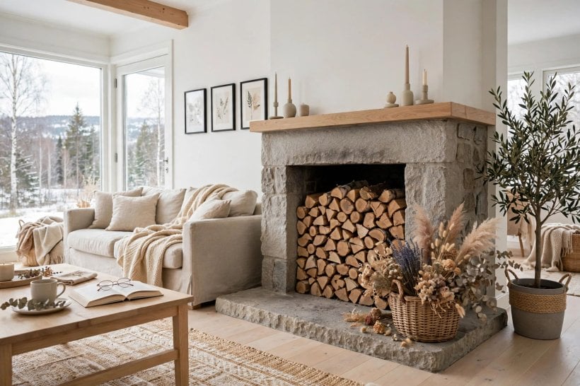 how to decorate inside of fireplace: stacked books arranged inside the opening