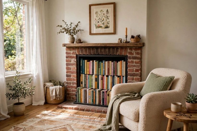 how to decorate inside of fireplace: green plants softening the fireplace opening