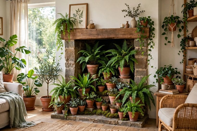 how to decorate inside of fireplace: artwork leaned inside the fireplace as a display
