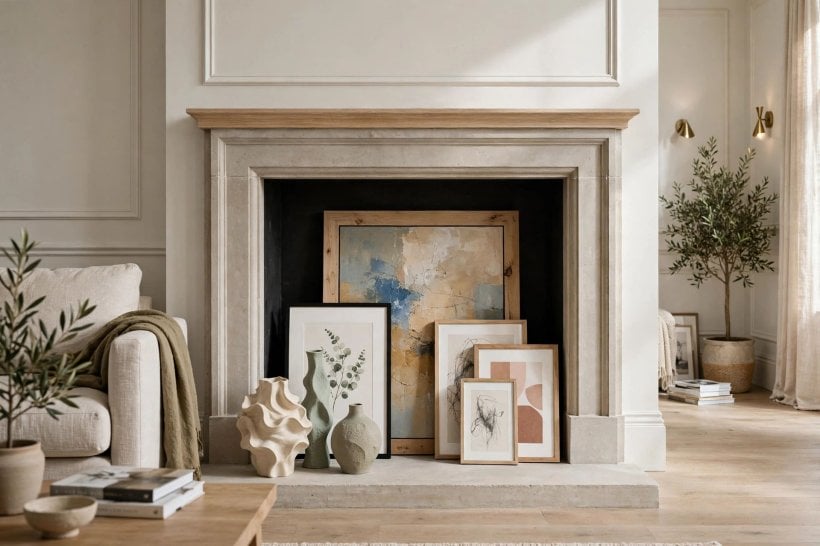 how to decorate inside of fireplace: woven basket of blankets inside the firebox