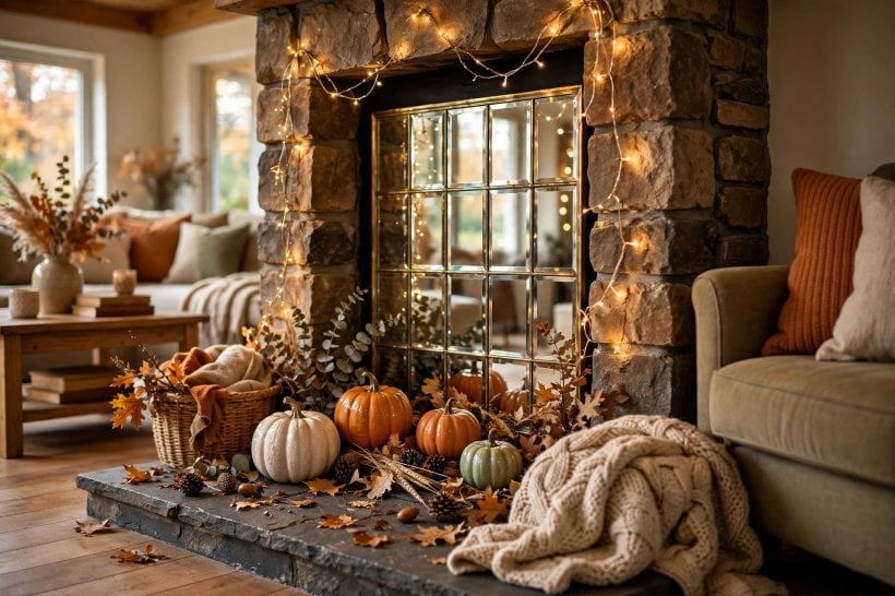 how to decorate inside of fireplace: lanterns grouped inside the unused fireplace