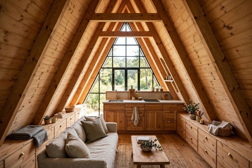 a-frame tiny house floor plans: interior with a full-headroom central band, kitchen in the middle and storage drawers under both eaves