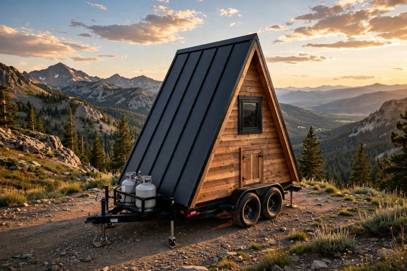a-frame tiny house floor plans: compact 18-foot A-frame cabin on a road trailer at a mountain overlook
