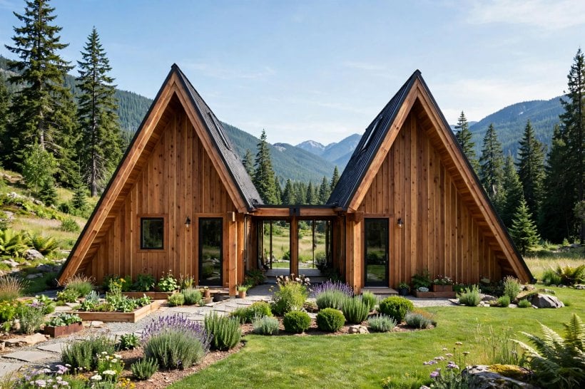 a-frame tiny house floor plans: two A-frames joined at the eaves with a low connector hallway and garden