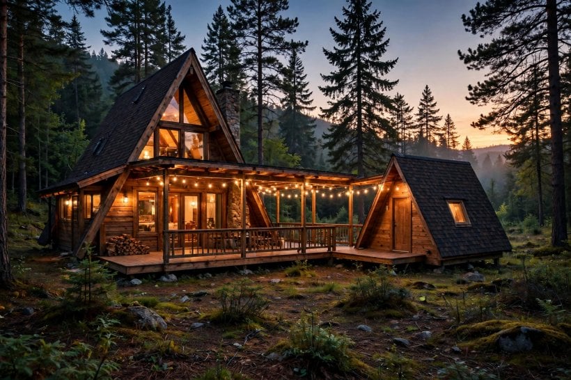 a-frame tiny house floor plans: main A-frame cabin and mini sleeping A-frame linked by a covered deck with string lights