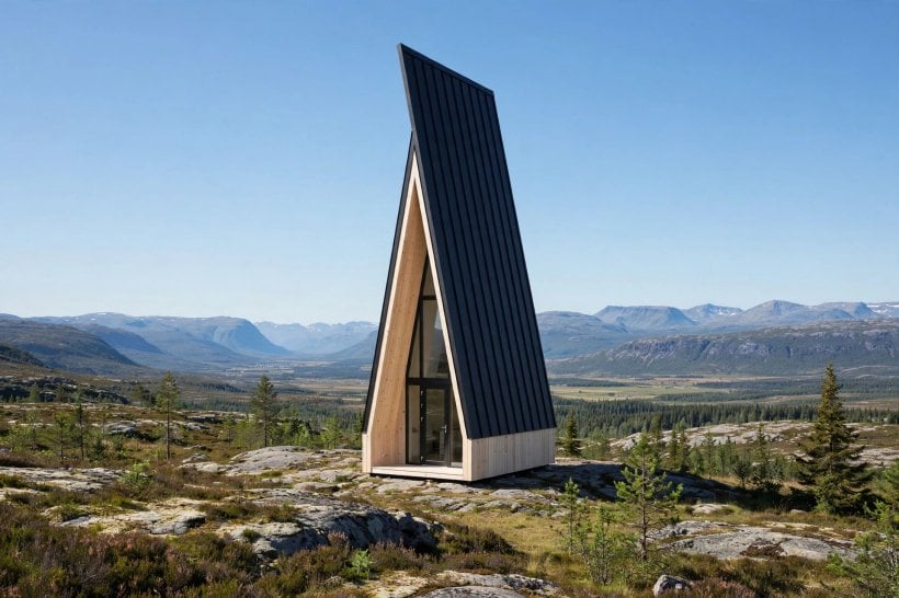 a-frame tiny house floor plans: steep-pitch modern A-frame with near-vertical 70-degree slopes and black metal roofing