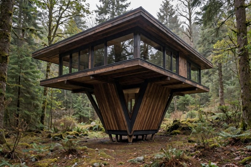 a-frame tiny house floor plans: inverted V-frame tiny house narrow at the base and wide at the top in a forest