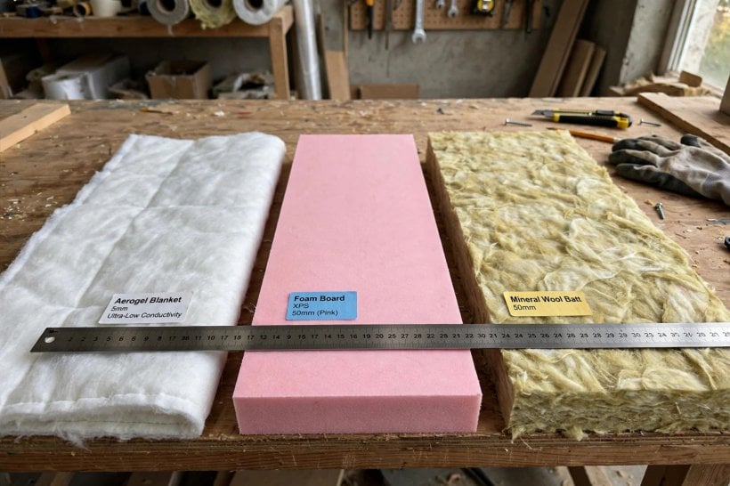 aerogel insulation ROI: thin aerogel blanket beside thick foam and mineral wool samples