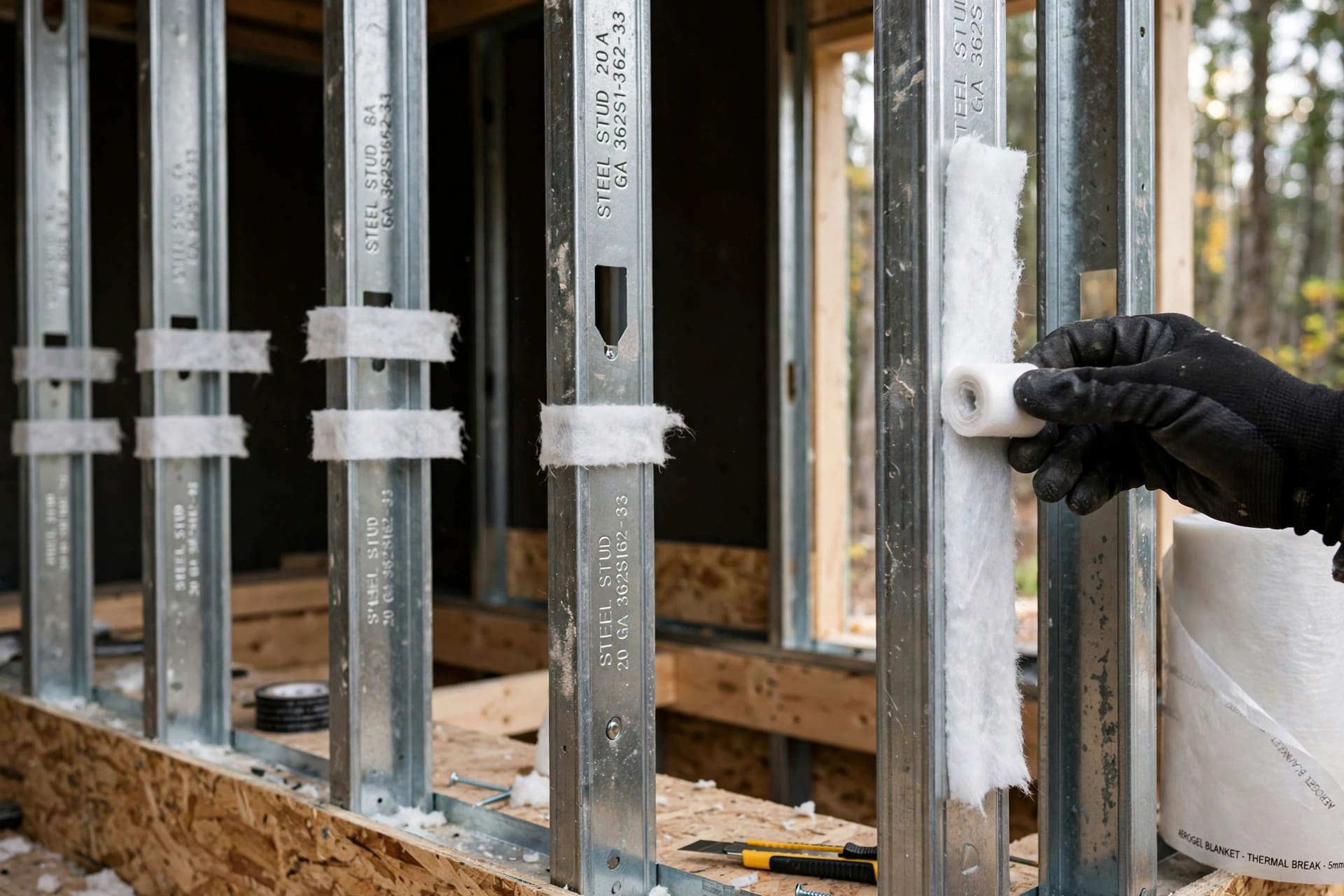 aerogel insulation ROI: aerogel strips applied over steel stud faces