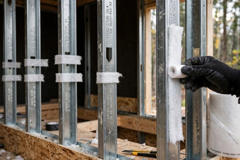 aerogel insulation ROI: aerogel strips applied over steel stud faces