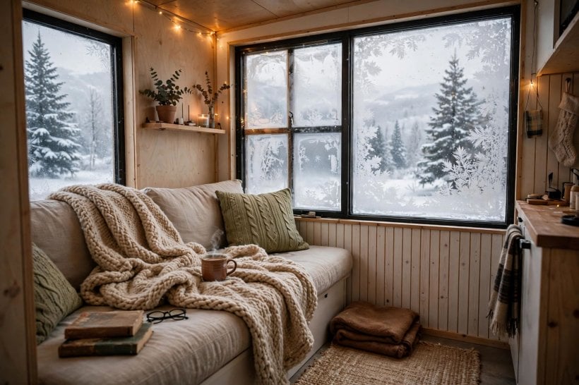 aerogel insulation ROI: warm tiny house interior on a cold day