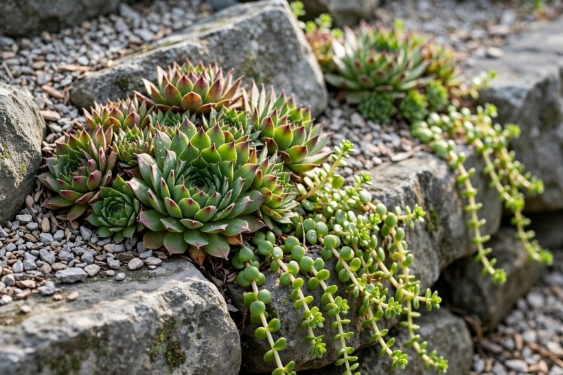 Alpine Rock Garden: sempervivum rosettes and sedum spreading through stone pockets
