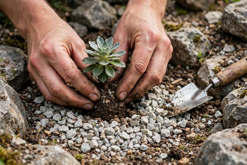 Alpine Rock Garden: alpine plants set high with their crowns above the stone-chip dressing