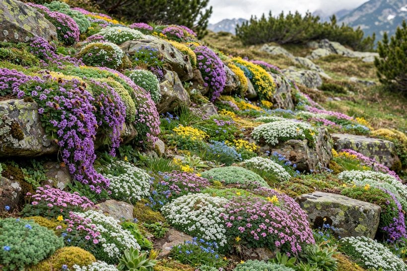 Alpine Rock Garden: a mature planting knitted together over the stones with almost no bare grit