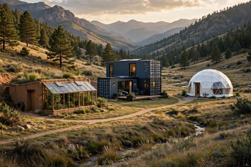 alternative housing options: an earthship, a container home and a geodesic dome sharing one landscape